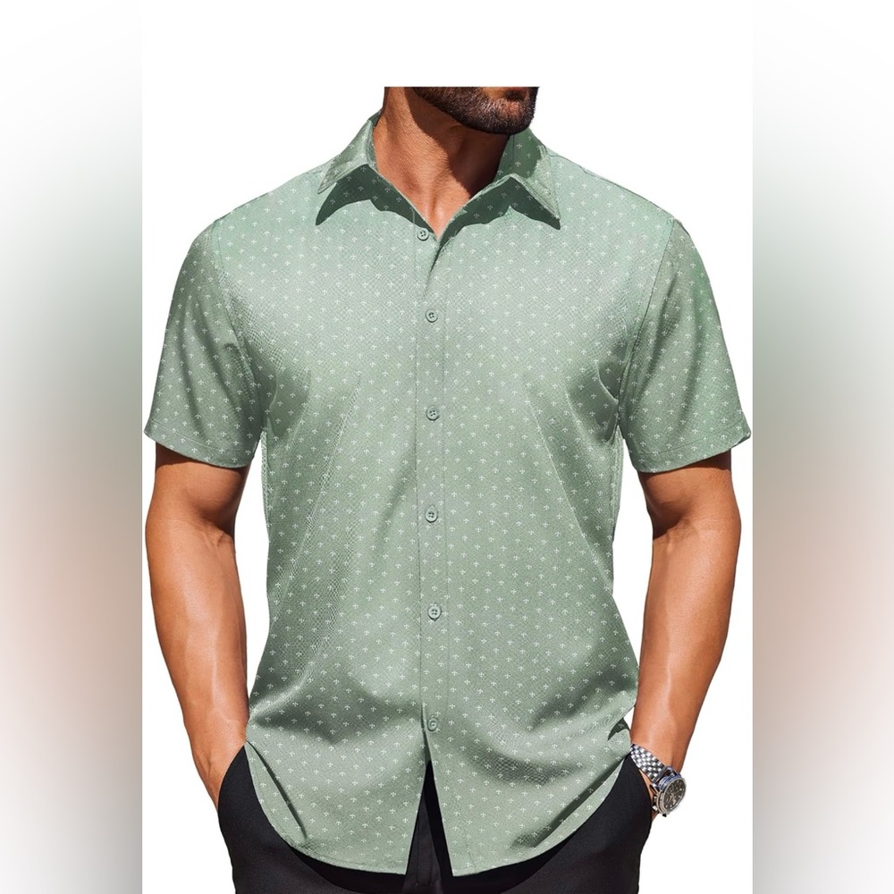 Men's Green Patterned Short Sleeve Shirt